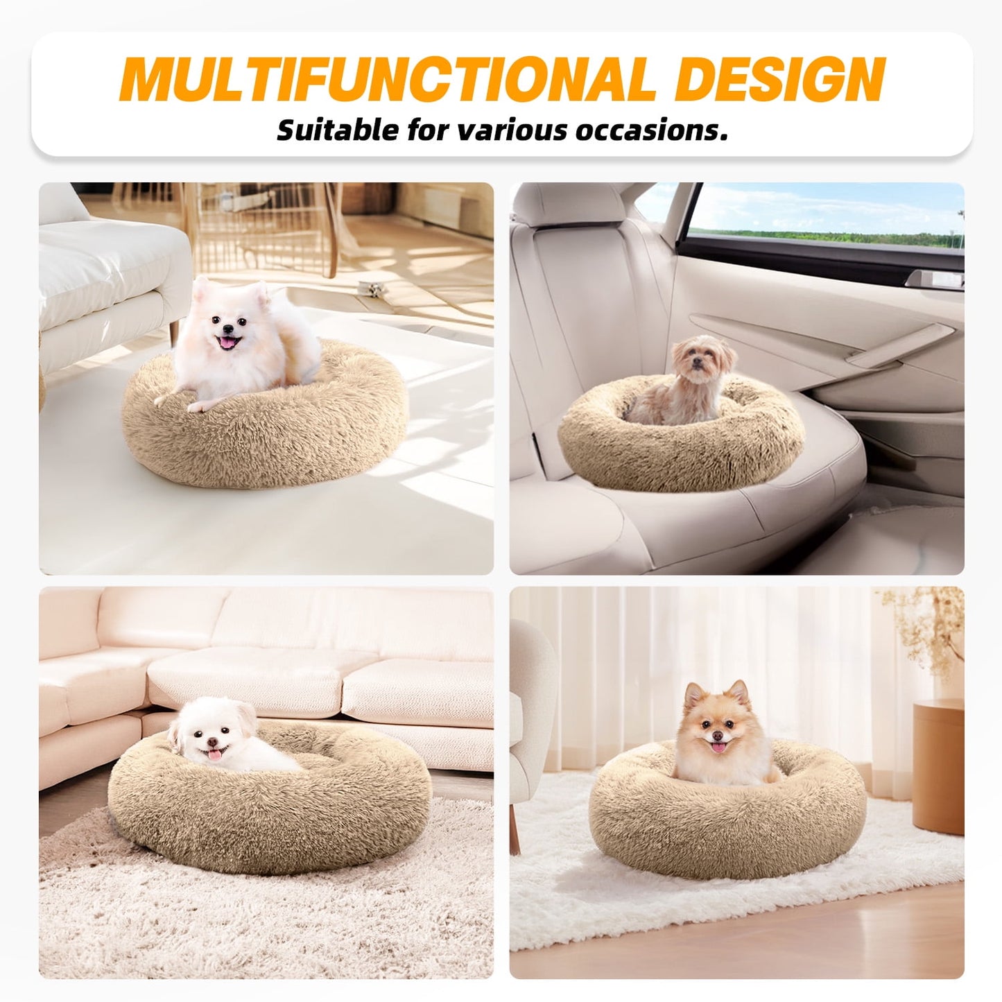 Calming Donut Dog Bed 20" X 20" X 8", Anti-Anxiety Cozy Plush Fluffy round Pet Bed for Small Dogs and Medium/Large Cats, Washable Small Medium Dog Beds with Anti-Slip Bottom, Rice Brown