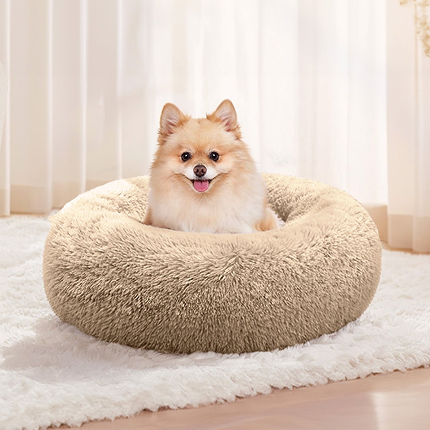 Calming Donut Dog Bed 20" X 20" X 8", Anti-Anxiety Cozy Plush Fluffy round Pet Bed for Small Dogs and Medium/Large Cats, Washable Small Medium Dog Beds with Anti-Slip Bottom, Rice Brown