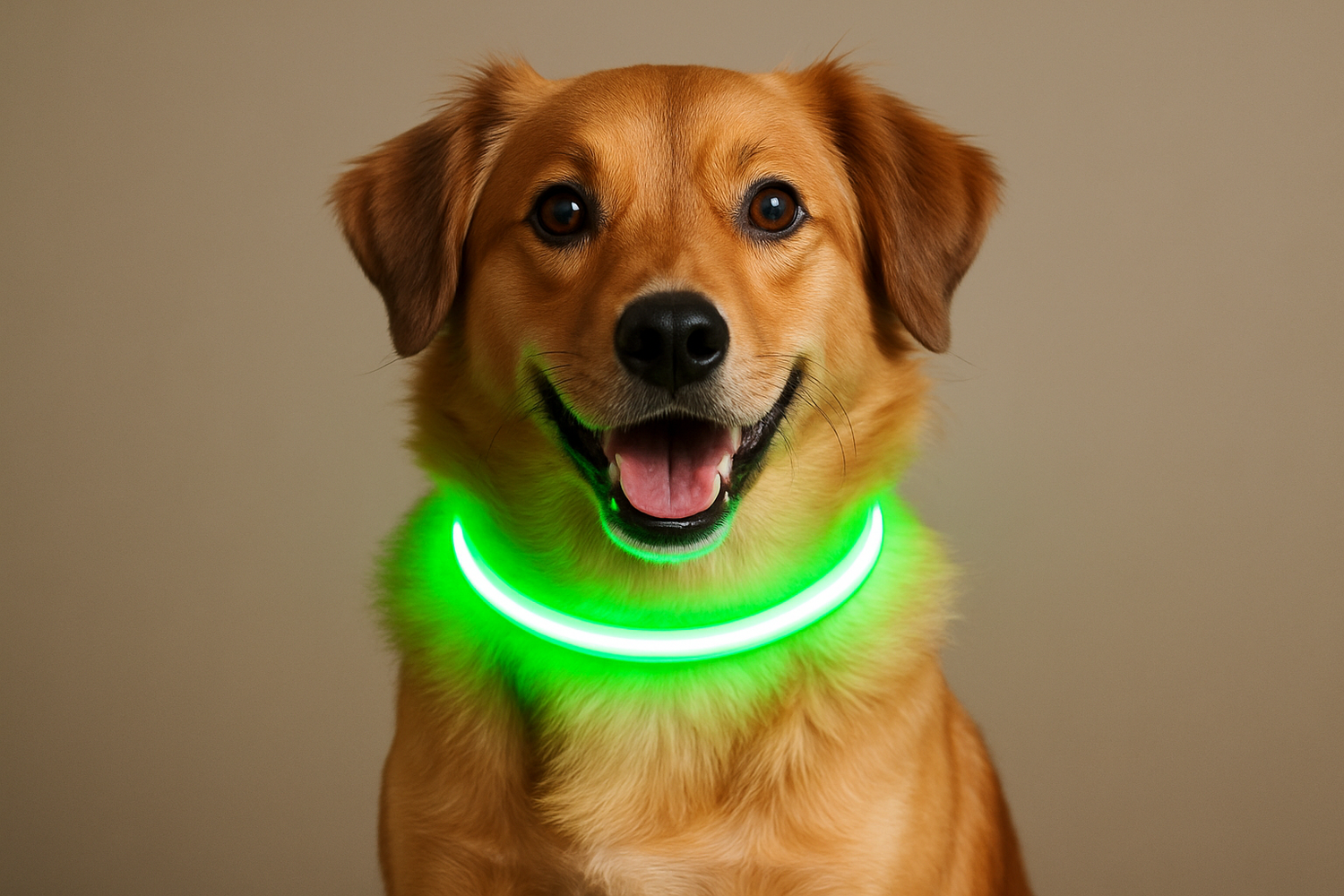 un perro muy bonito de talla mediana con un collar de luz verde fluorecente